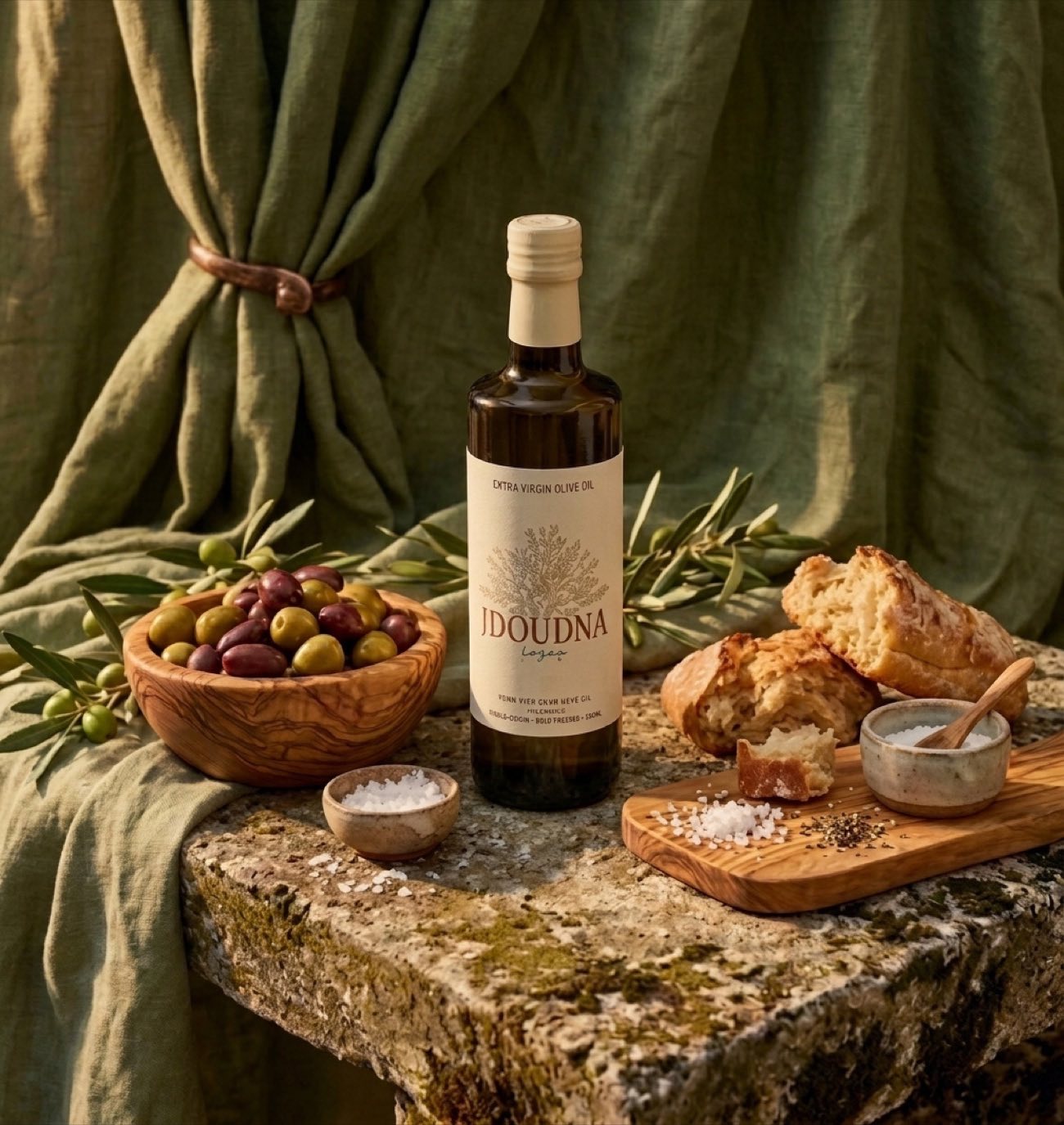 A bottle of Jdoudna extra virgin olive oil on a stone ledge with olives, bread, and salt