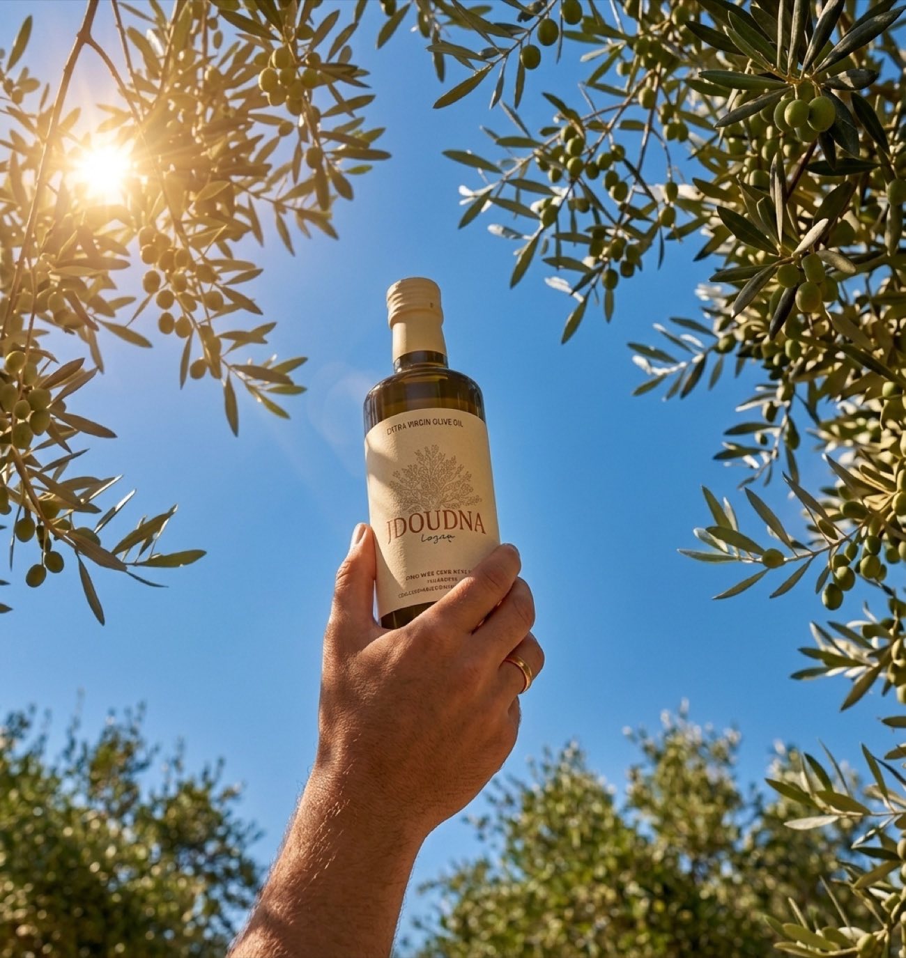 A hand holding a bottle of Jdoudna extra virgin olive oil up to backlit olive tree branches and sun