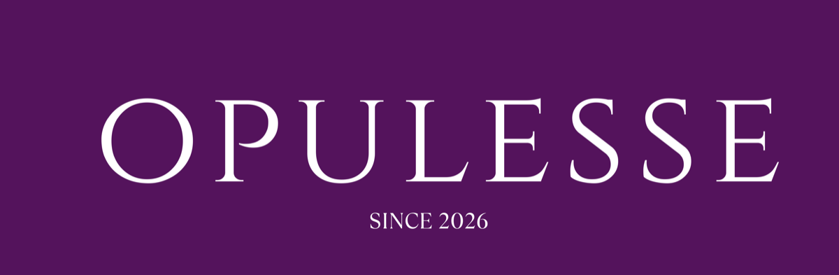Opulesse wordmark in Cinzel capitals, on deep plum