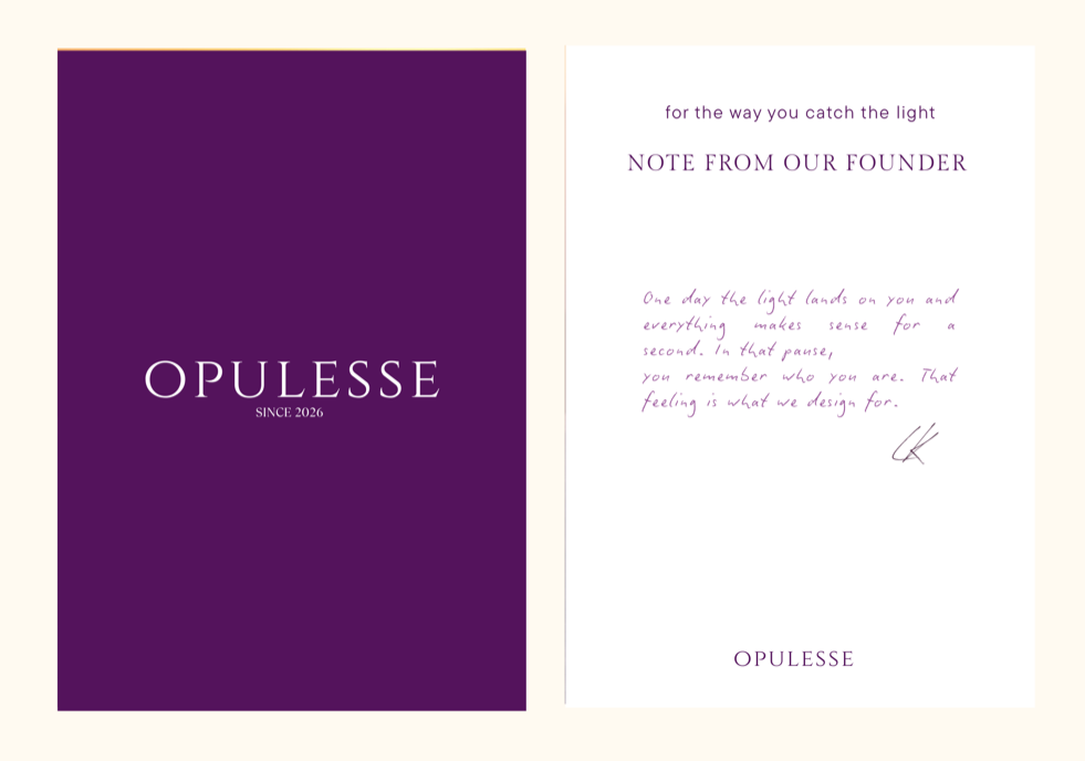 Opulesse brand card: plum front with the wordmark, and a back with a handwritten note from the founder signed LK
