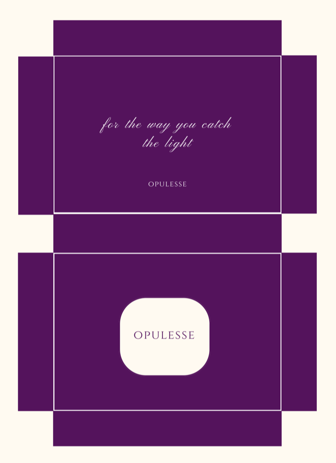 Opulesse mailer box interior: deep plum with 'for the way you catch the light' in script above the wordmark, and the cream jewelry box at the centre of the lower fold