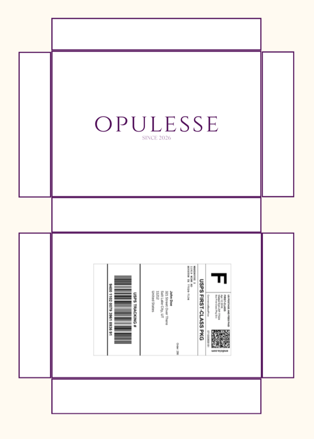 Opulesse mailer box exterior: a plain white box with the wordmark and 'Since 2026', and a shipping label on the back panel