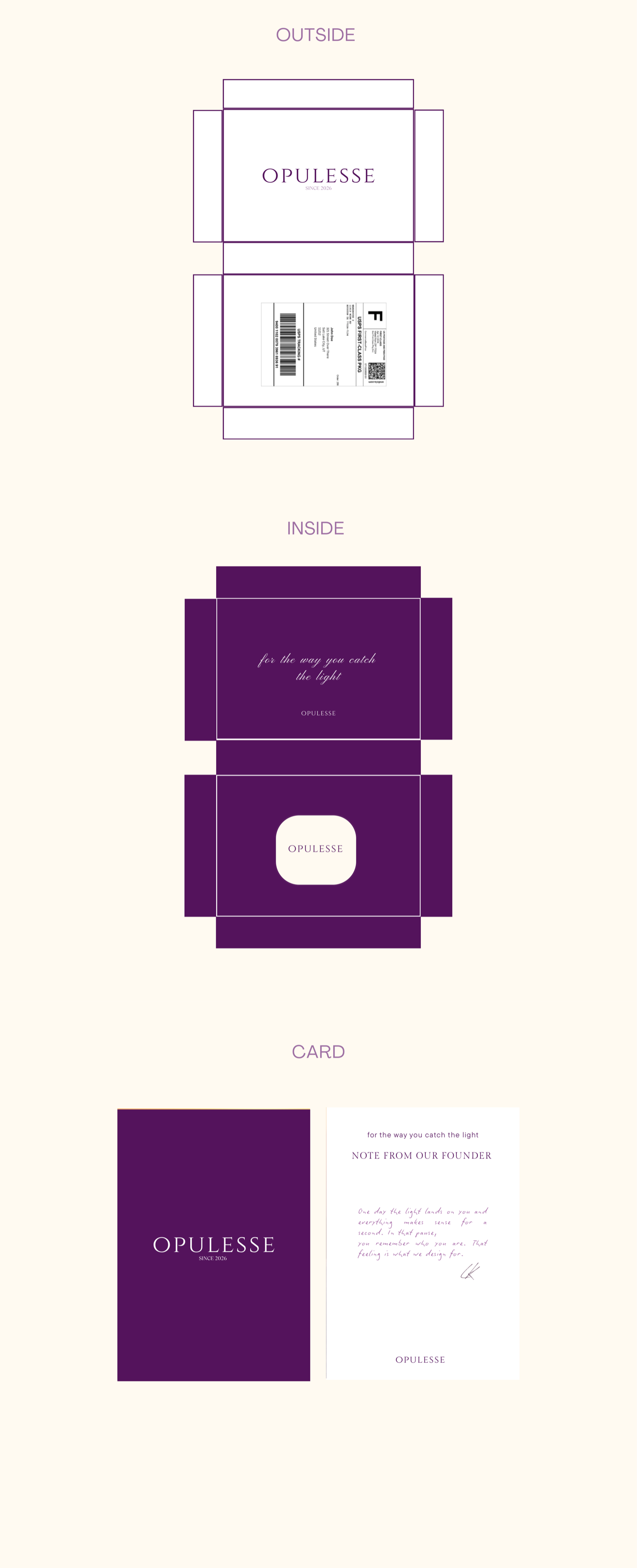 Opulesse packaging mockup: plain mailer box exterior, plum-interior unboxing fold reading 'for the way you catch the light', and a two-sided brand card with the founder's handwritten note